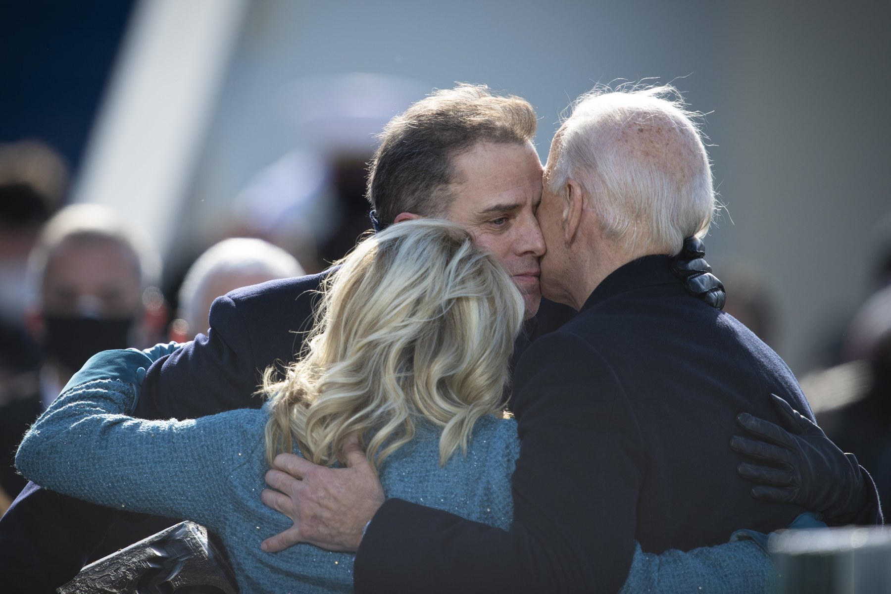 Joe Biden embraces Jill and Hunter Biden at the presidential inauguration on January 20, 2021. Photo by Carlos M. Vazquez II, CC BY 2.0.