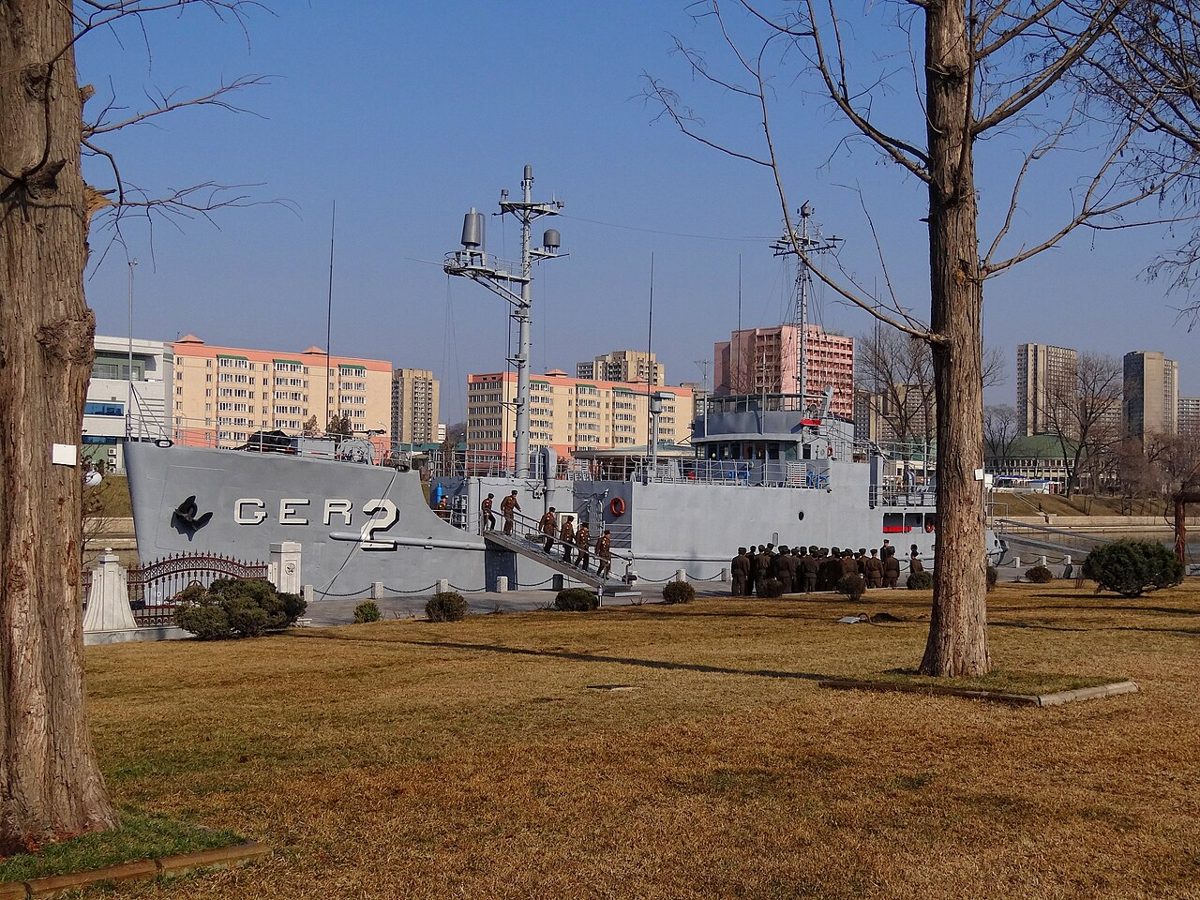 USS Pueblo, seized by North Korea in January 1968, displayed as a war trophy on the Pothong River in Pyongyang, 2014.