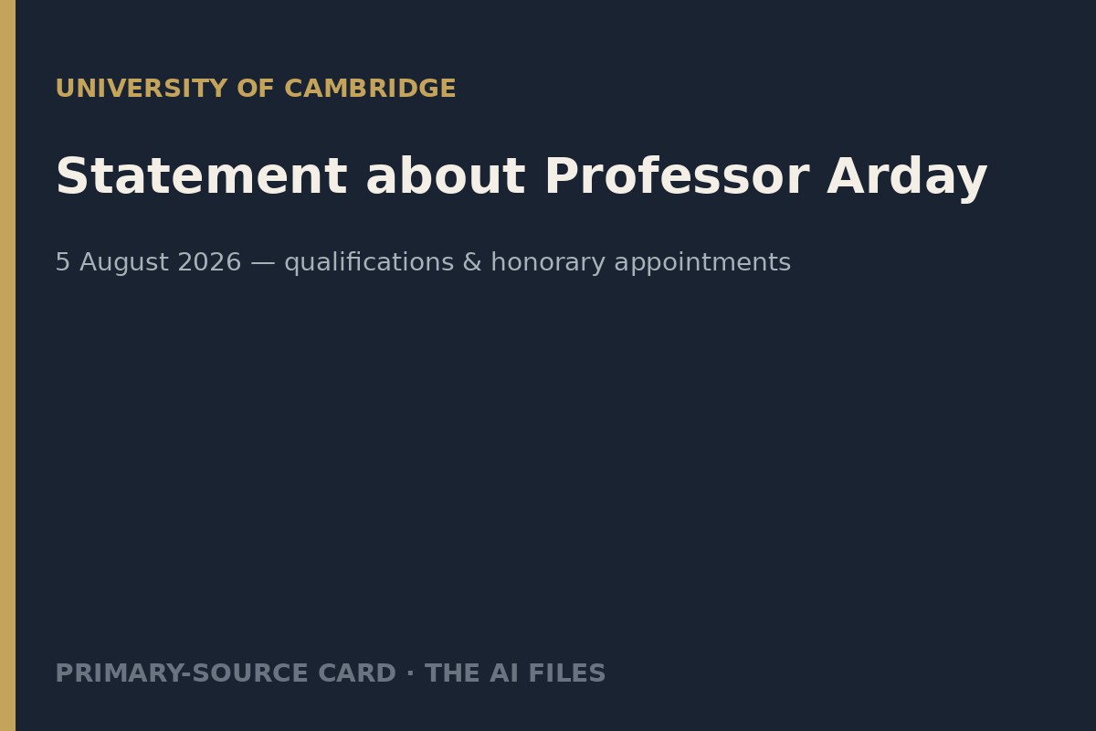 Typographic card for Cambridge’s 5 August 2026 statement about Professor Arday.