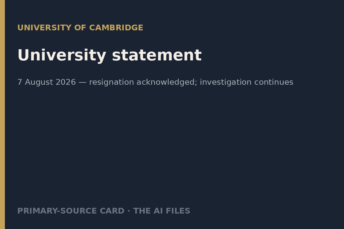 Typographic card for Cambridge’s 7 August 2026 university statement.