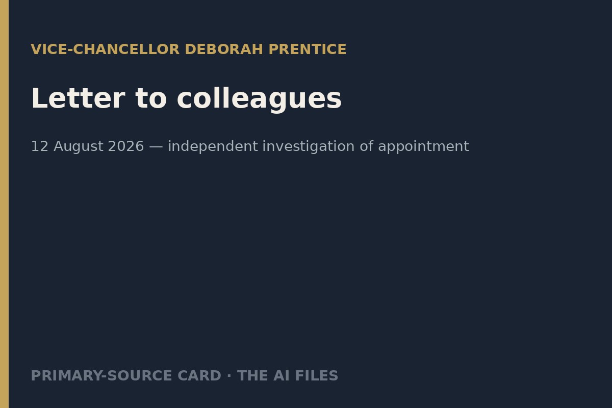 Typographic card for Vice-Chancellor Prentice’s 12 August 2026 letter.