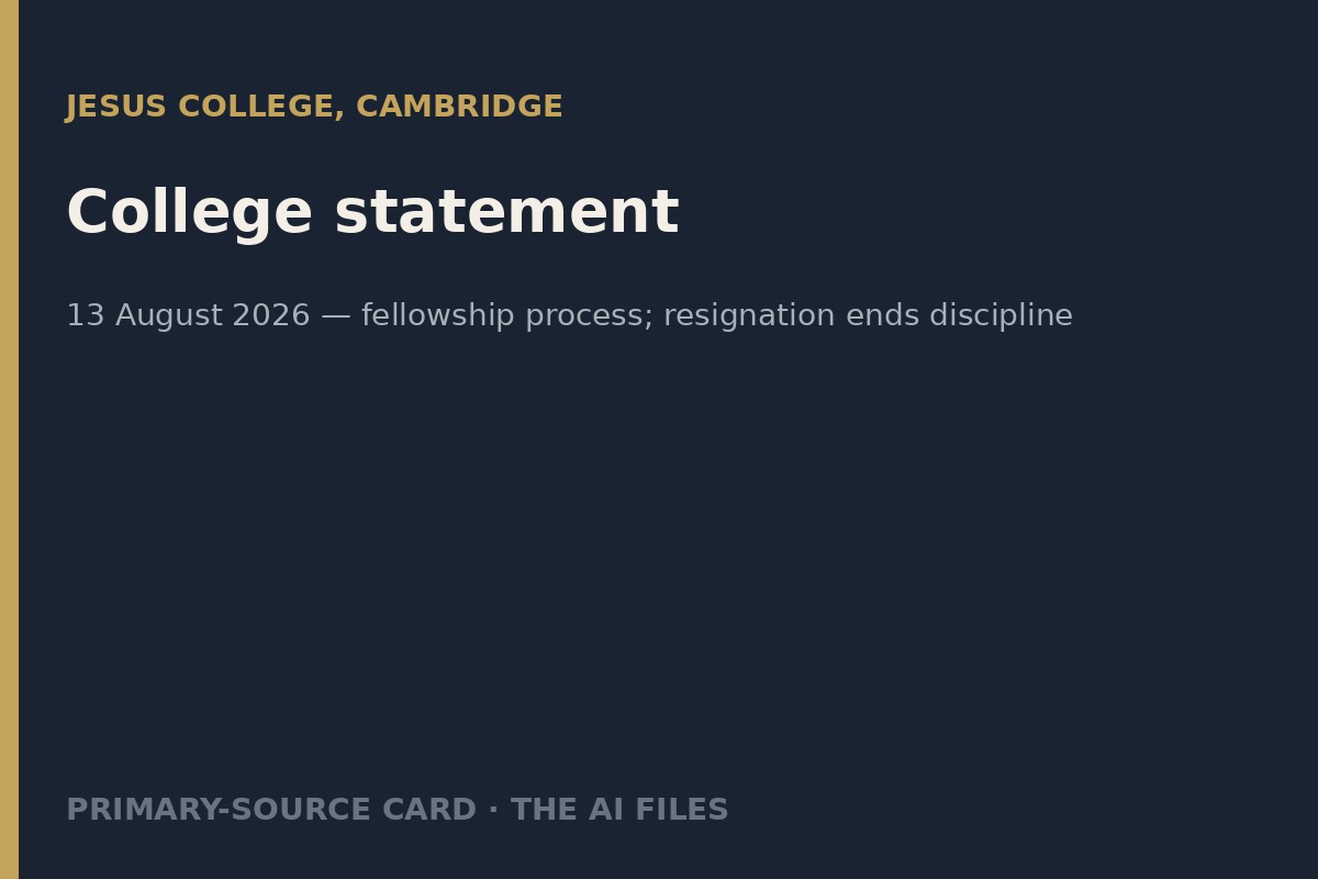 Typographic card for Jesus College’s 13 August 2026 statement.