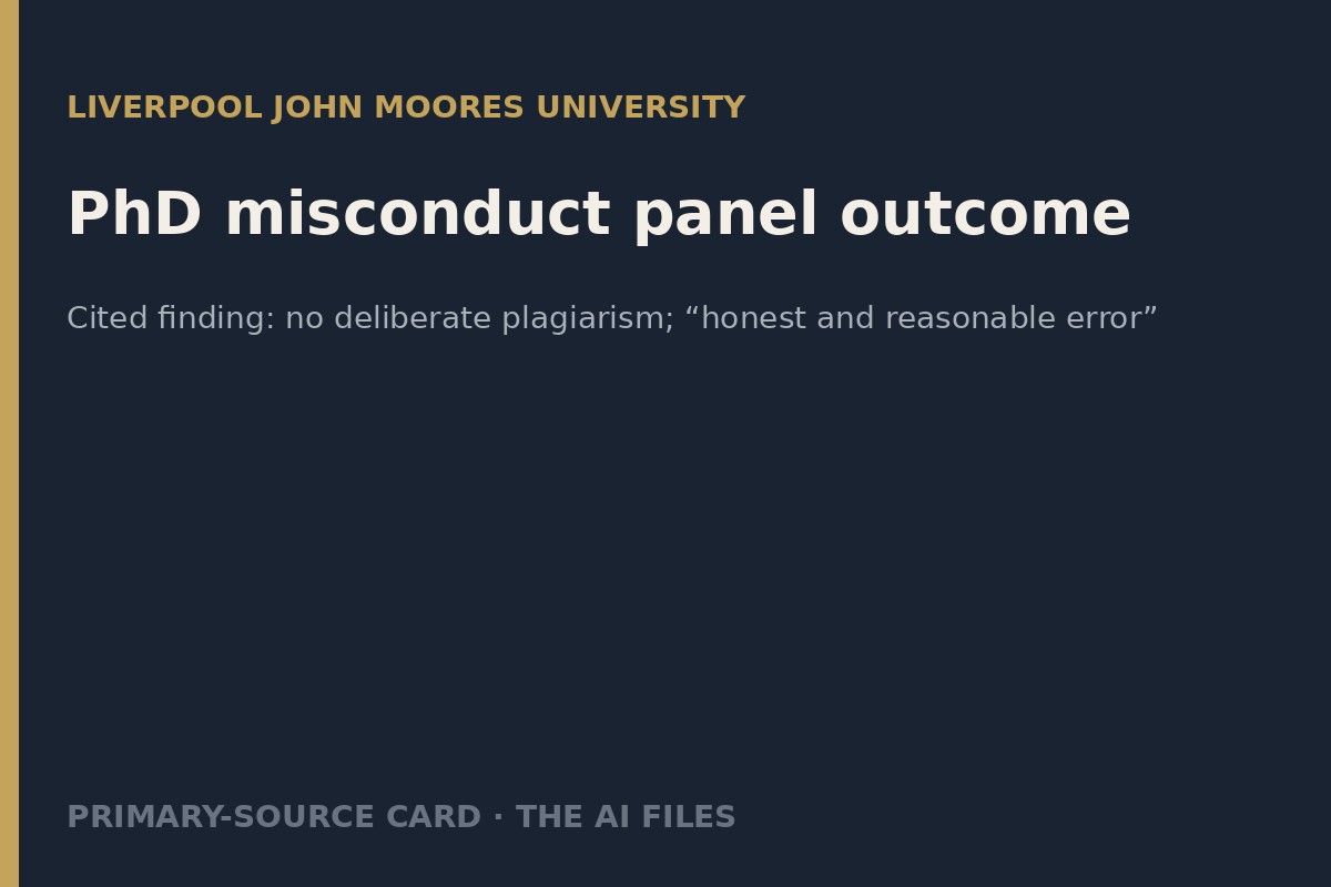 Typographic card summarizing LJMU PhD panel outcome as reported.