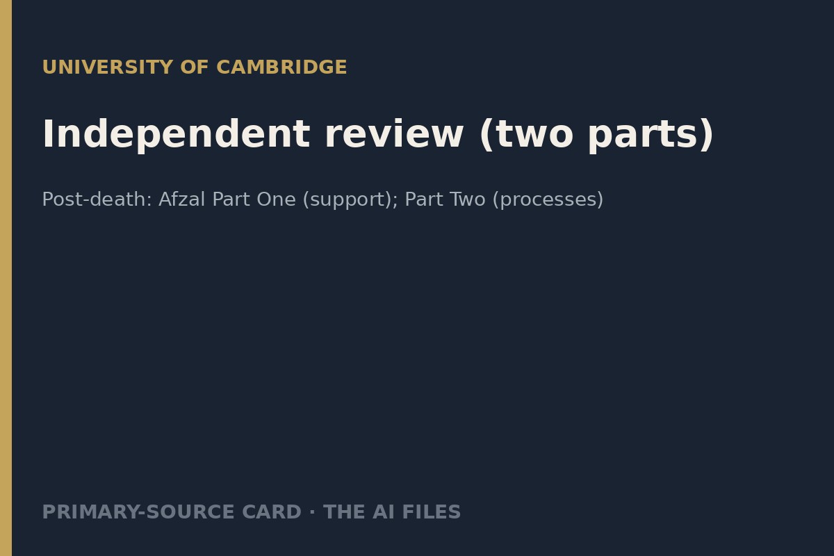 Typographic card for Cambridge’s two-part independent review announcement.