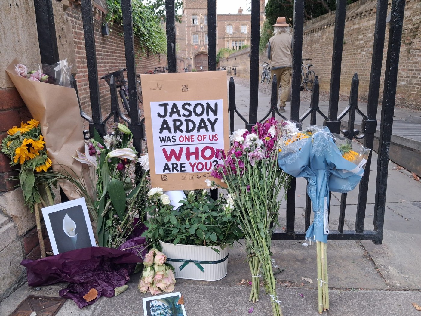 Floral tribute at Jesus College, Cambridge, 17 August 2026.