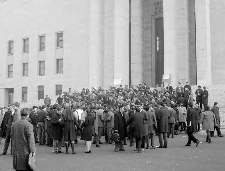 Student occupation, La Sapienza University, Rome, 3 February 1968 (stand-in for 1968 campus revolt wave; not Columbia Yard).