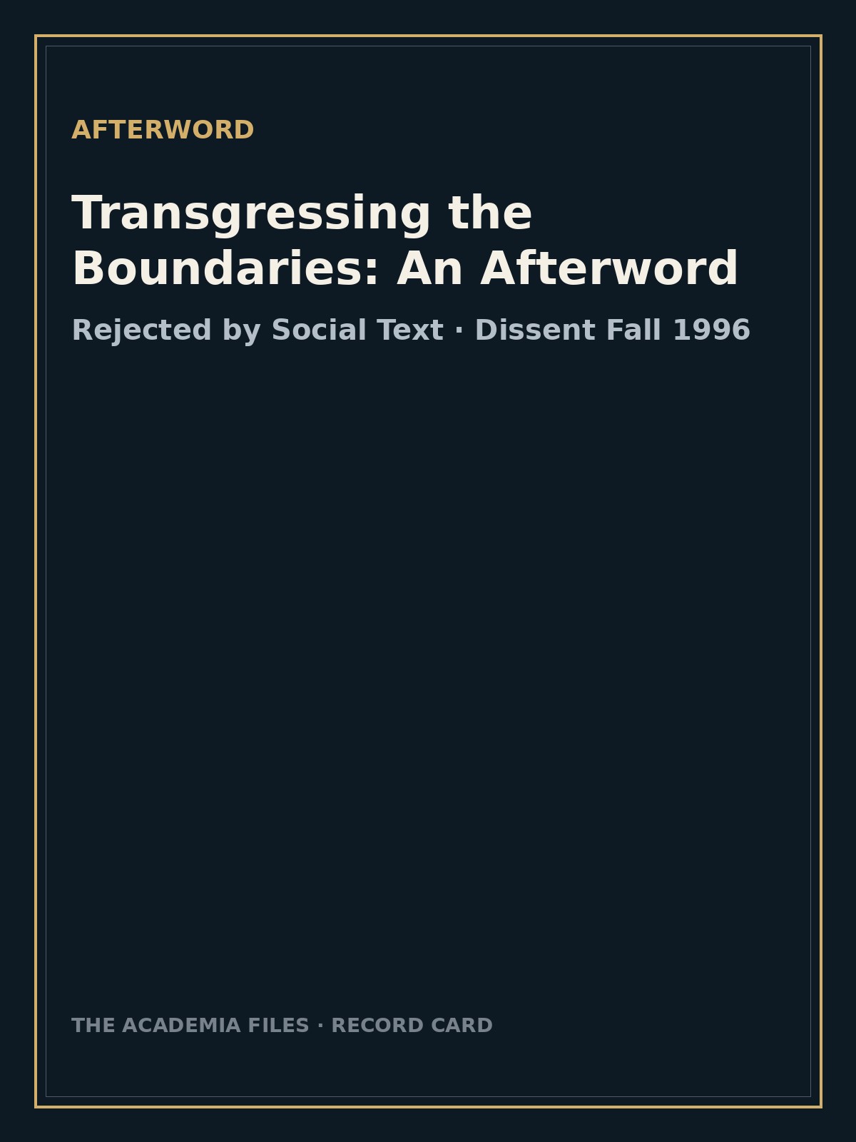 Transgressing the Boundaries: An Afterword — labeled record card.