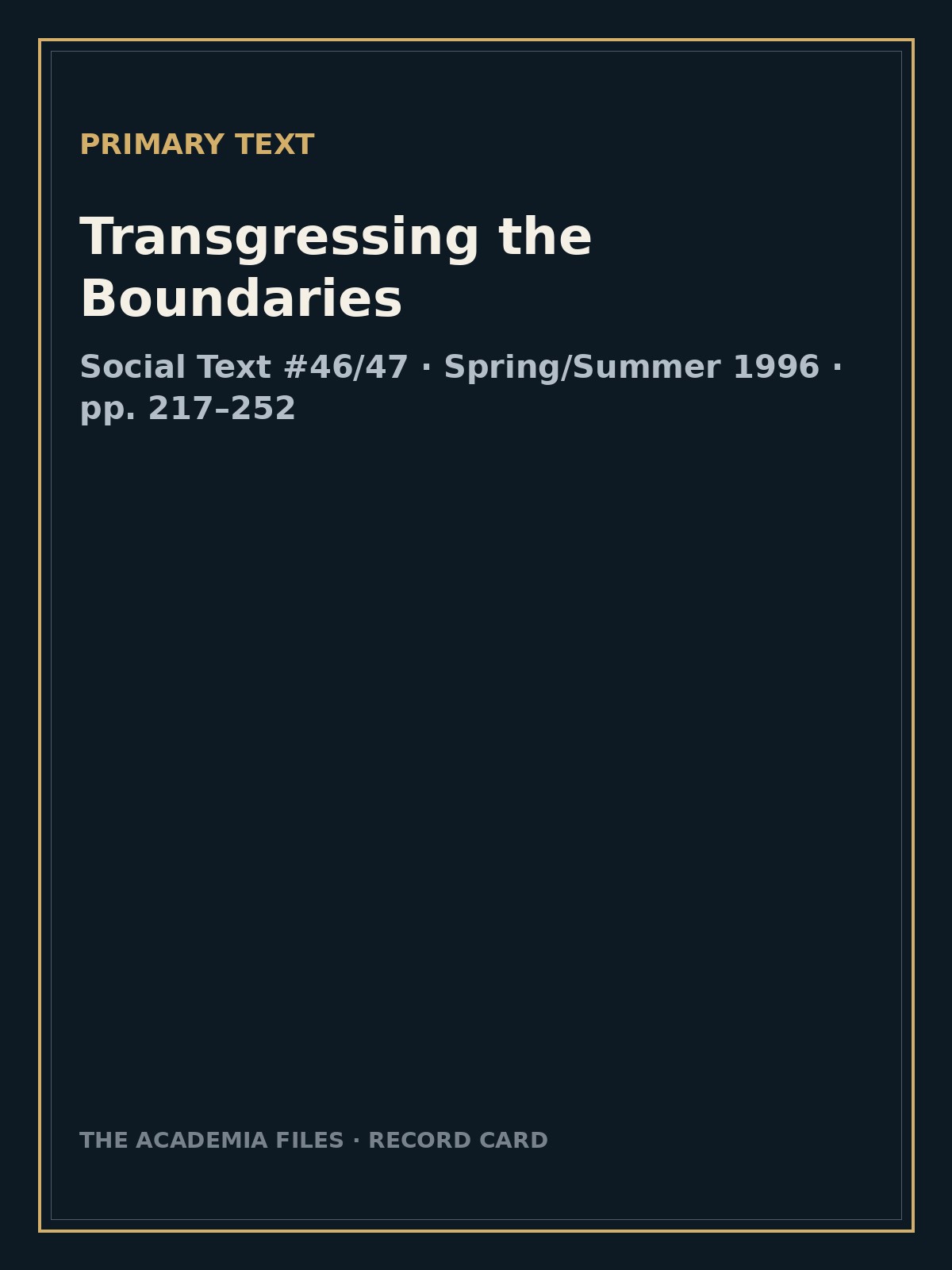 Transgressing the Boundaries — labeled record card.