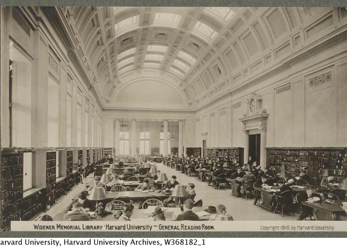 Main reading room, Harry Elkins Widener Memorial Library, Harvard University, circa 1915. Public-domain photograph.