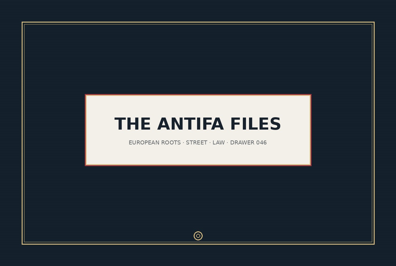 Site-made drawer-plate graphic for The Antifa Files collection (not a photograph of a named person).