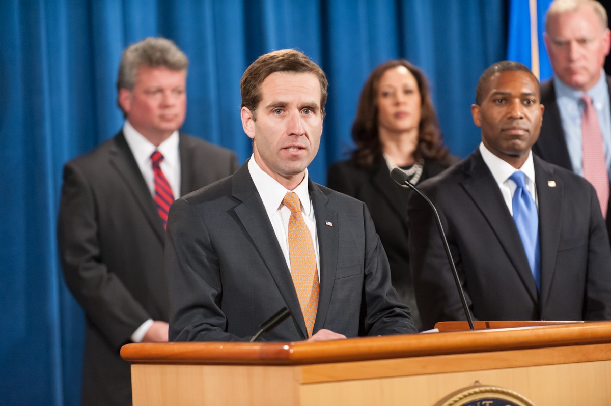 Delaware Attorney General Beau Biden speaks at a Justice Department press conference, May 21, 2013.
