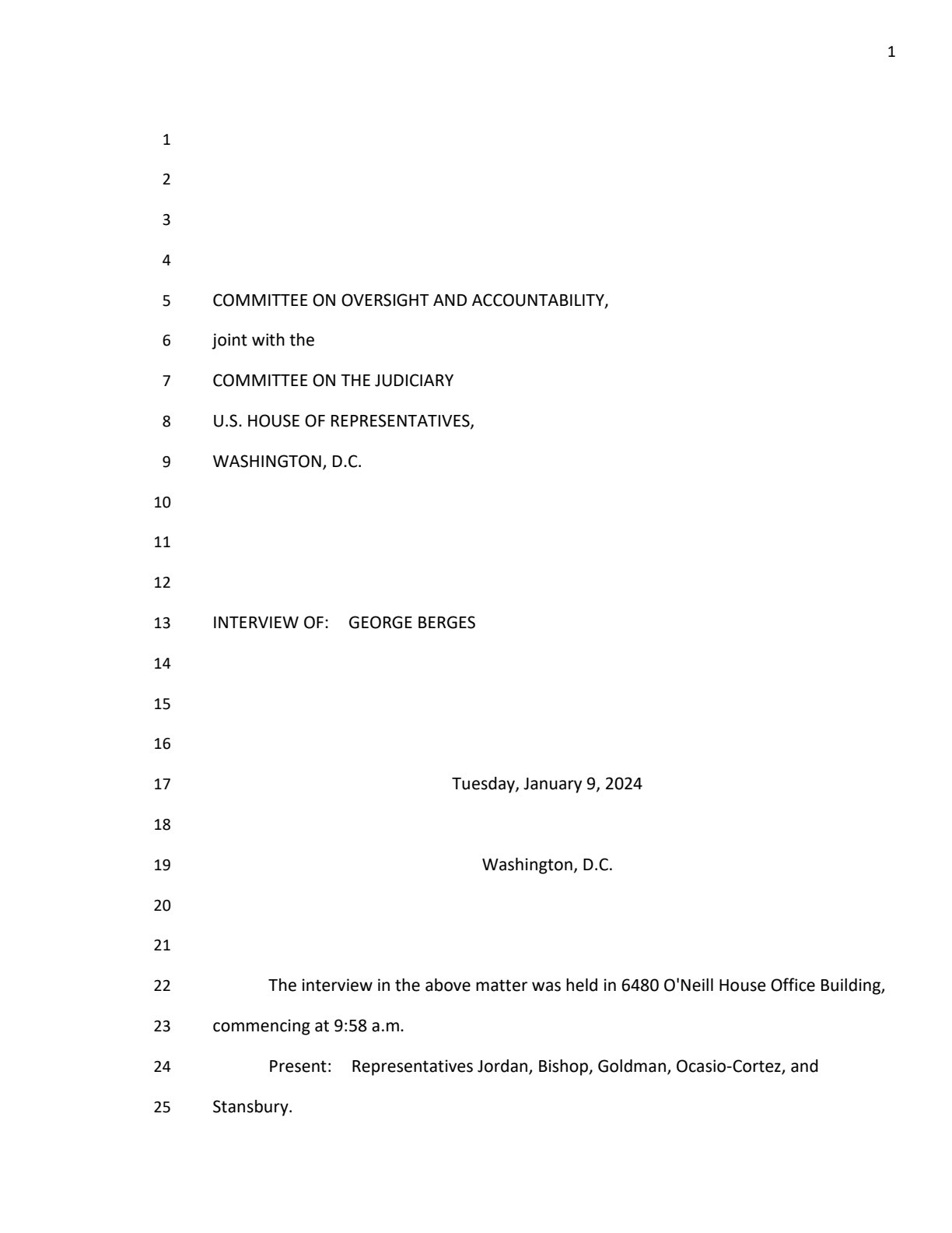 Opening page of Georges Bergès’s January 9, 2024 transcribed interview with House committees.
