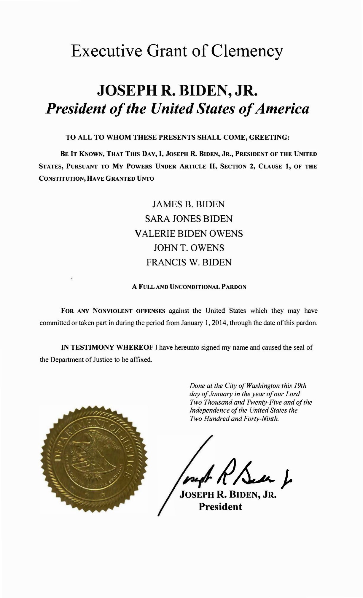The five relatives’ clemency warrant, dated January 19, 2025. This reproduction is not an independent authentication of the signature process.