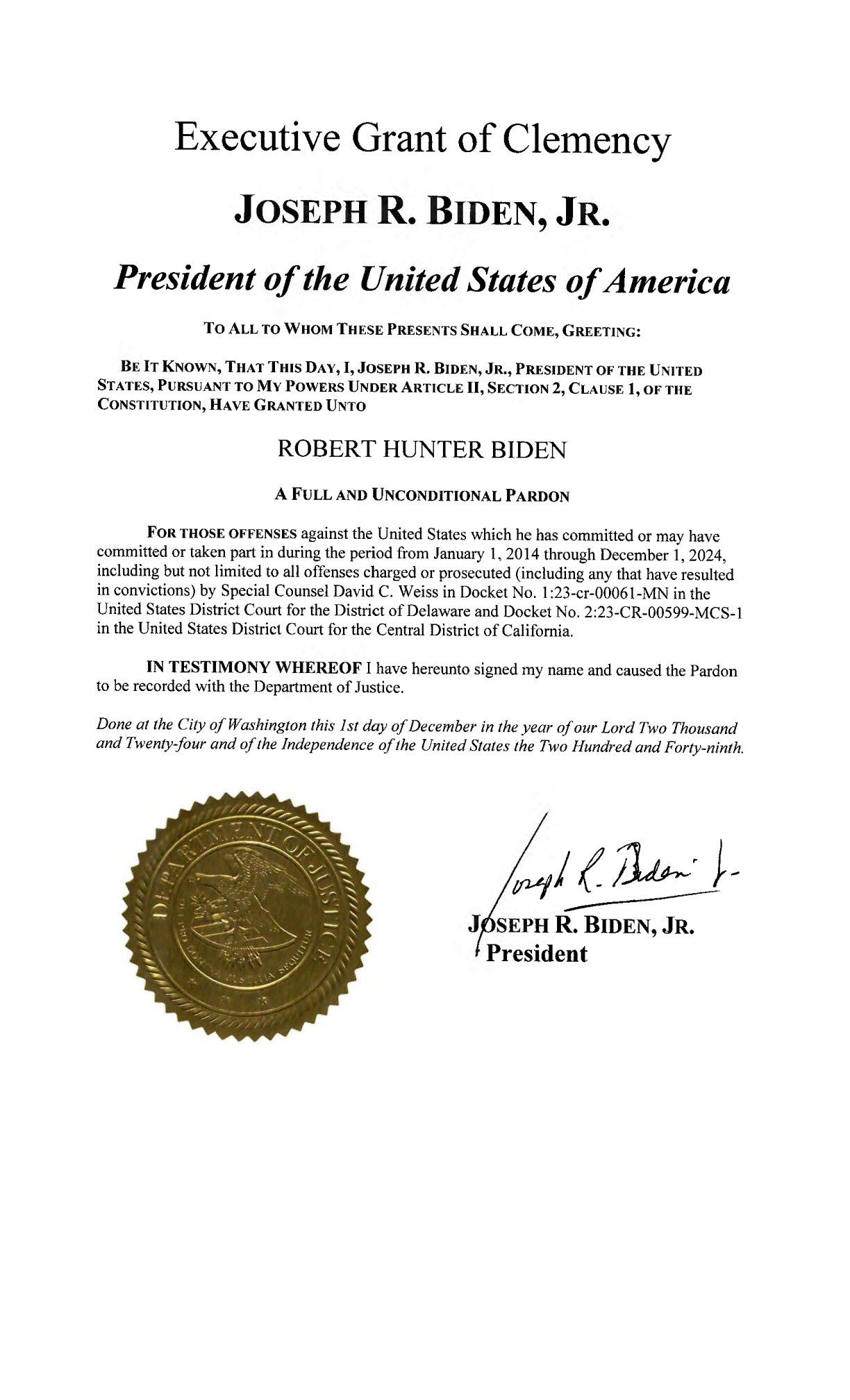 Hunter Biden’s December 1, 2024 clemency warrant. Reproducing the document does not decide whether its policy justification was sound.