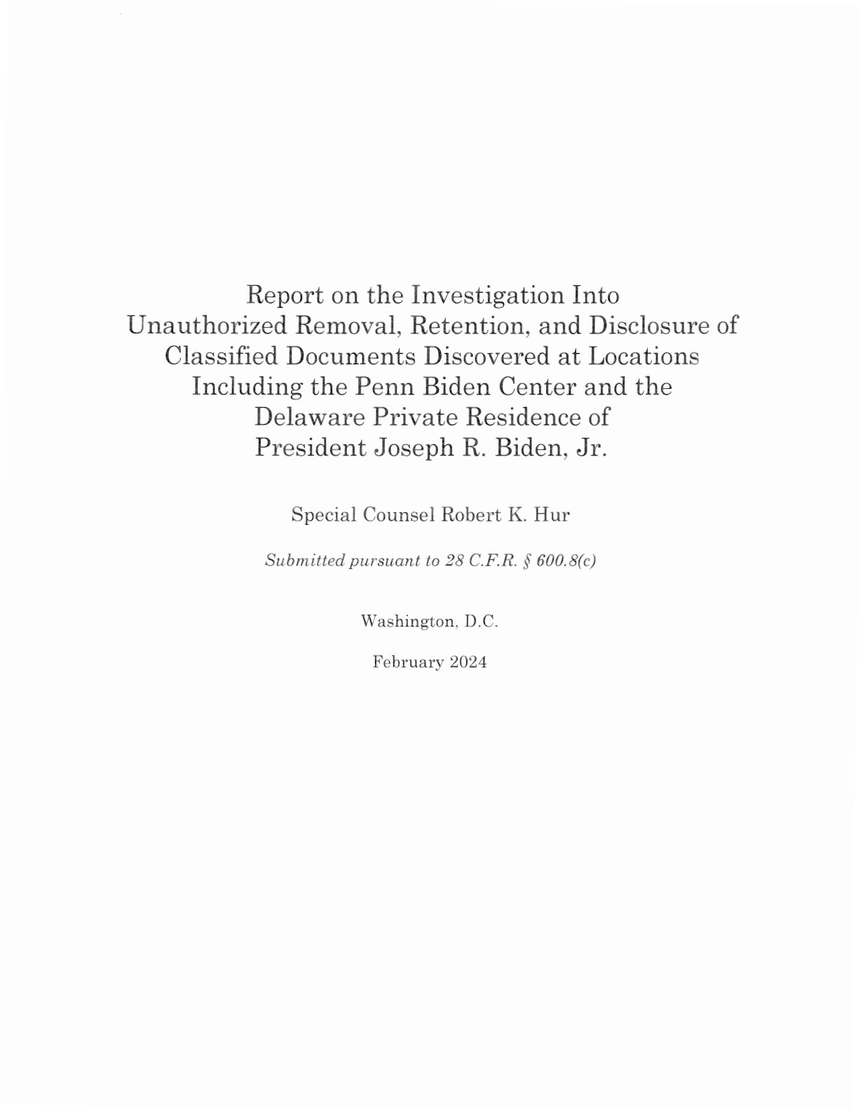 Title page of Robert Hur’s February 2024 report, PDF page 3.