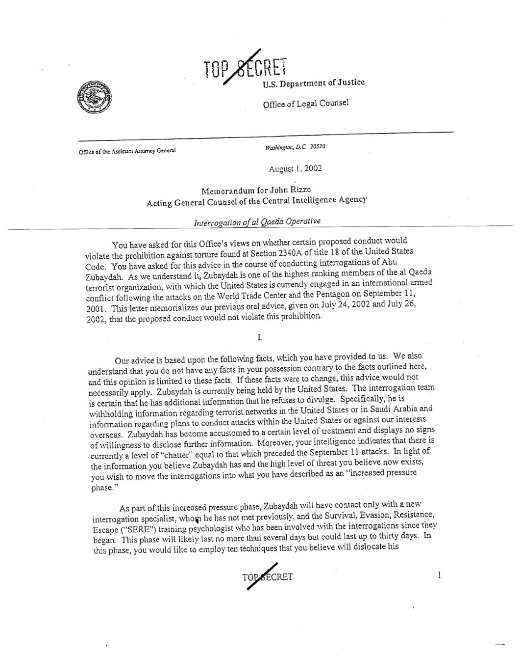 OLC letter to John Rizzo, 1 August 2002