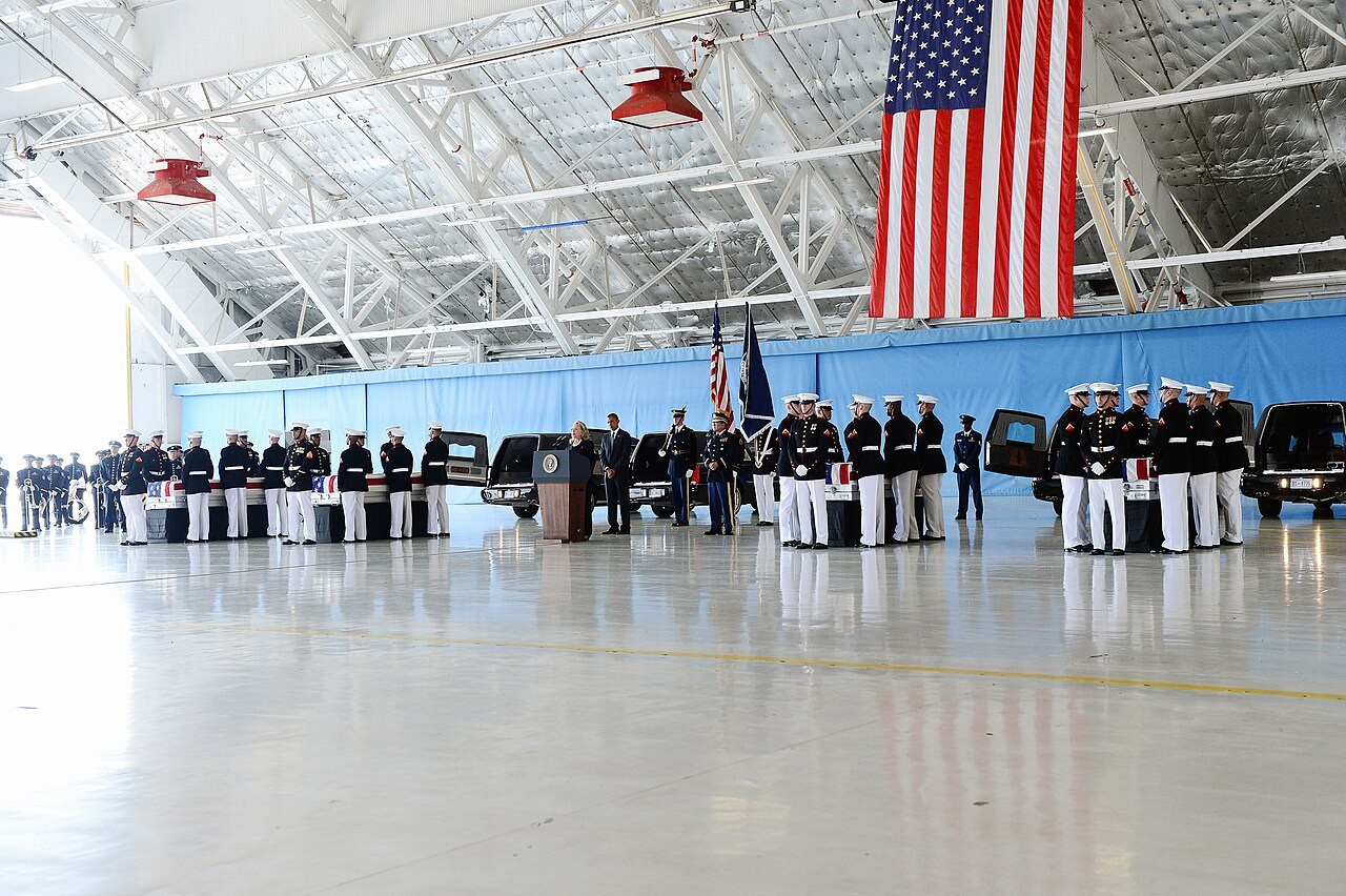 Barack Obama and Hillary Clinton at the transfer-of-remains ceremony for the four Americans killed in Benghazi, September 14, 2012.