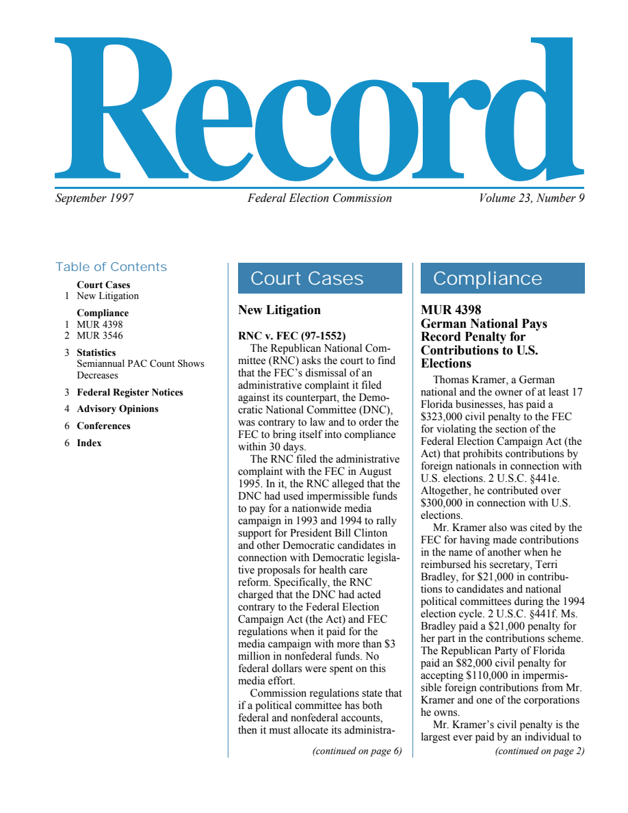 Federal Election Commission, September 1997 Record. Cover of an agency publication from the period; the articles cite the specific enforcement sources.