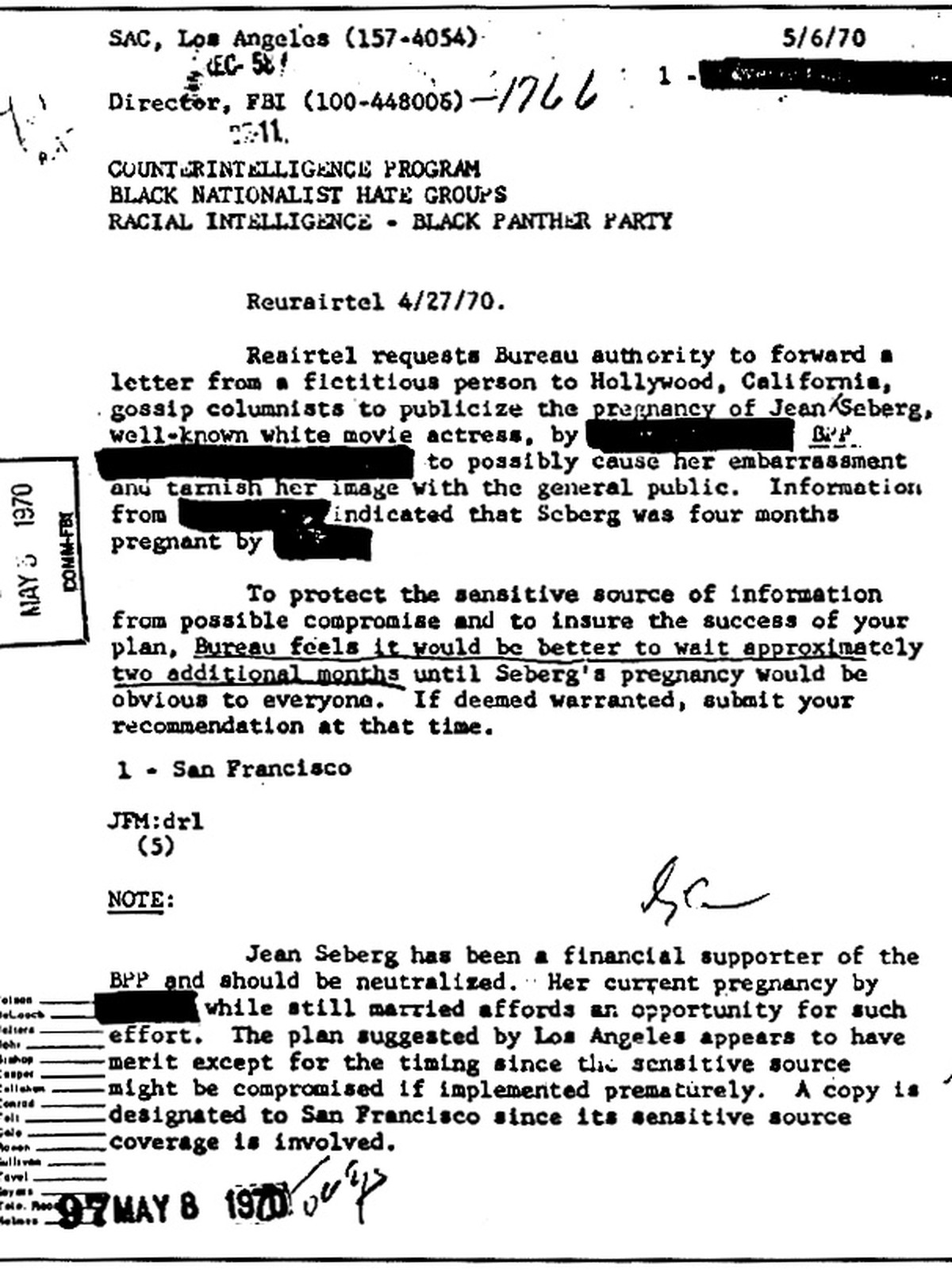 FBI COINTELPRO memo re Jean Seberg — written media-plant planning