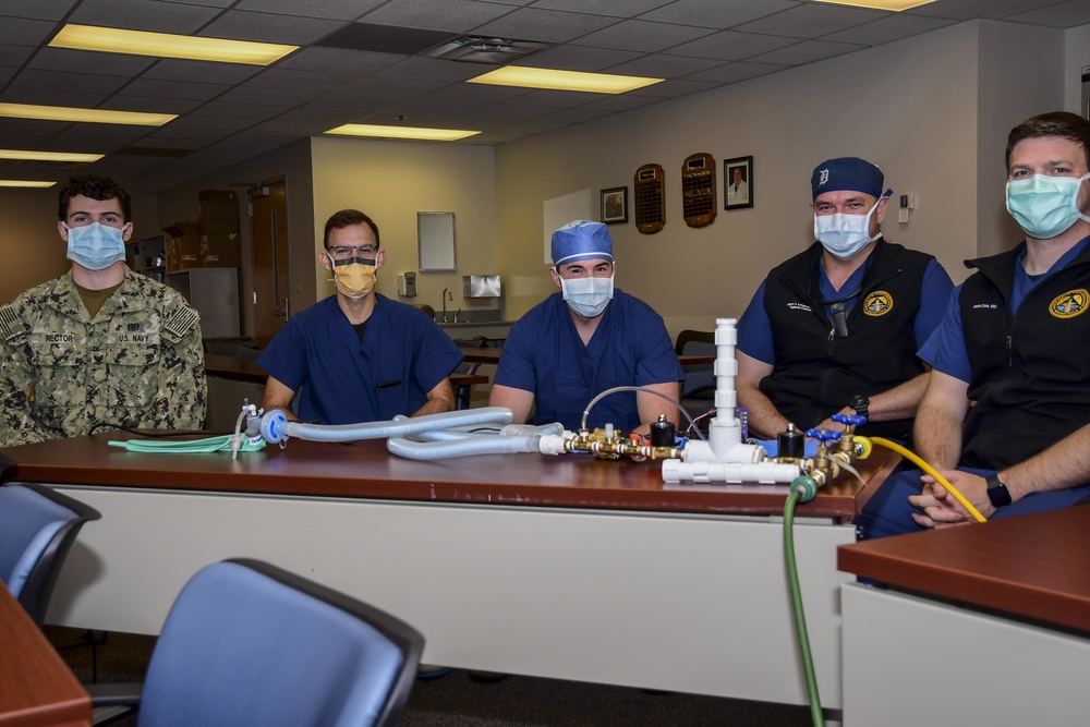 Naval Medical Center Portsmouth personnel work on a ventilator project during the pandemic, April 2020.
