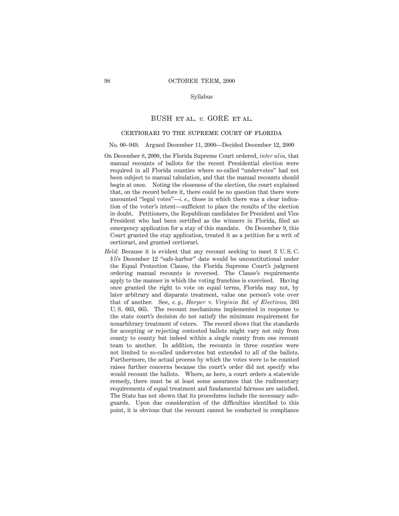 Opening syllabus page of Bush v. Gore, 531 U.S. 98 (2000). The syllabus is a summary, not the opinion itself.