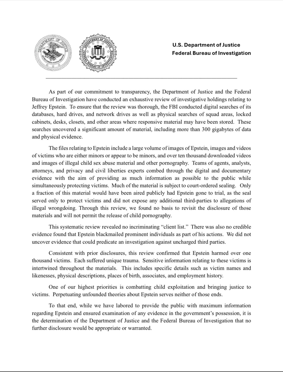 First page of the July 2025 Justice Department and FBI memo on the Epstein investigation.