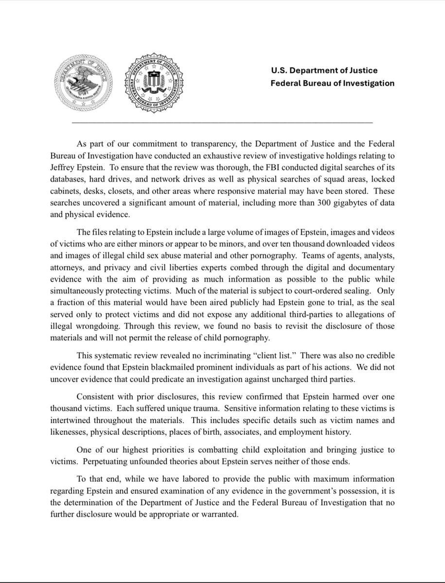 First page of the July 2025 Justice Department and FBI memo saying there was “no incriminating client list.”