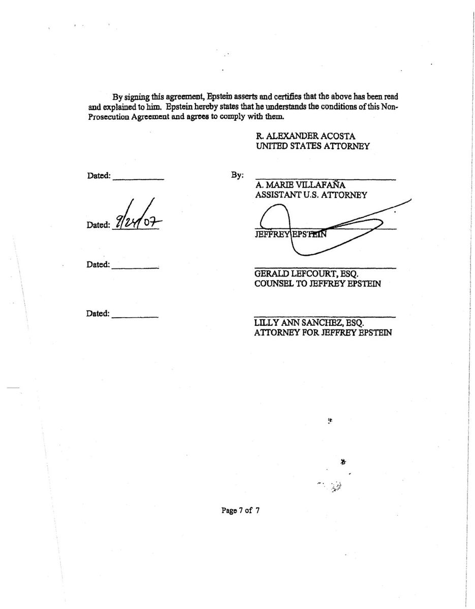 Page 7 of the 2007 non-prosecution agreement, signed by U.S. Attorney Alexander Acosta and Epstein.