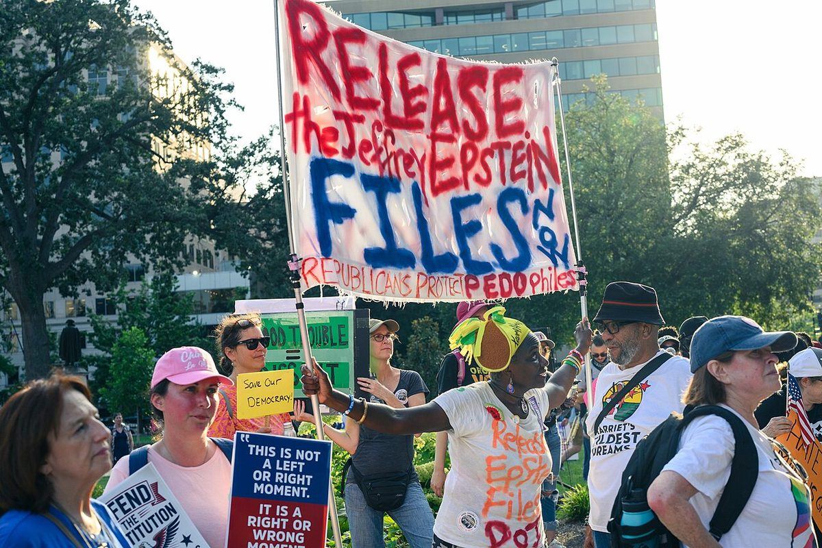 “Release the Epstein Files” at a Good Trouble protest, July 2025.