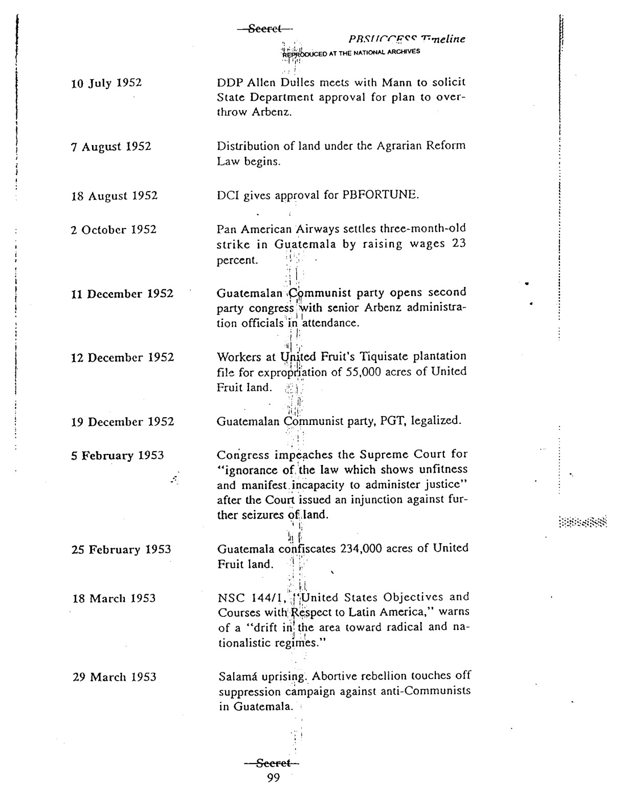 CIA history chronology of agrarian reform and United Fruit, printed page 99