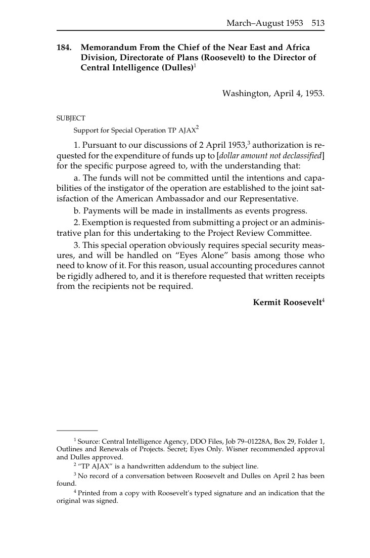 CIA request for support for TPAJAX, 4 April 1953