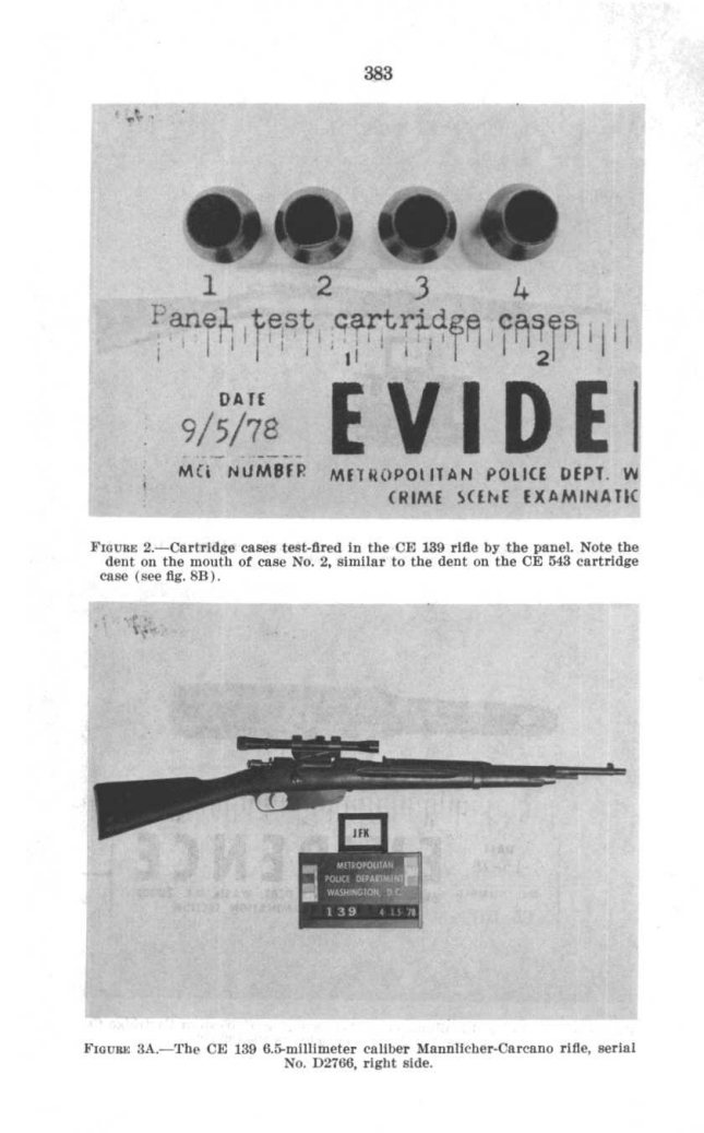 HSCA volumeVII, printed page383: the actual CE139 rifle (Figure3A) and test cartridge cases. A federal investigative exhibit page, not a reenactment.