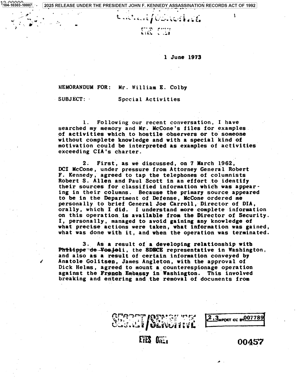 Walter Elder’s June 1,1973 memorandum on special activities, RIF 104-10303-10007. Documentary context for the later Family Jewels compilation.