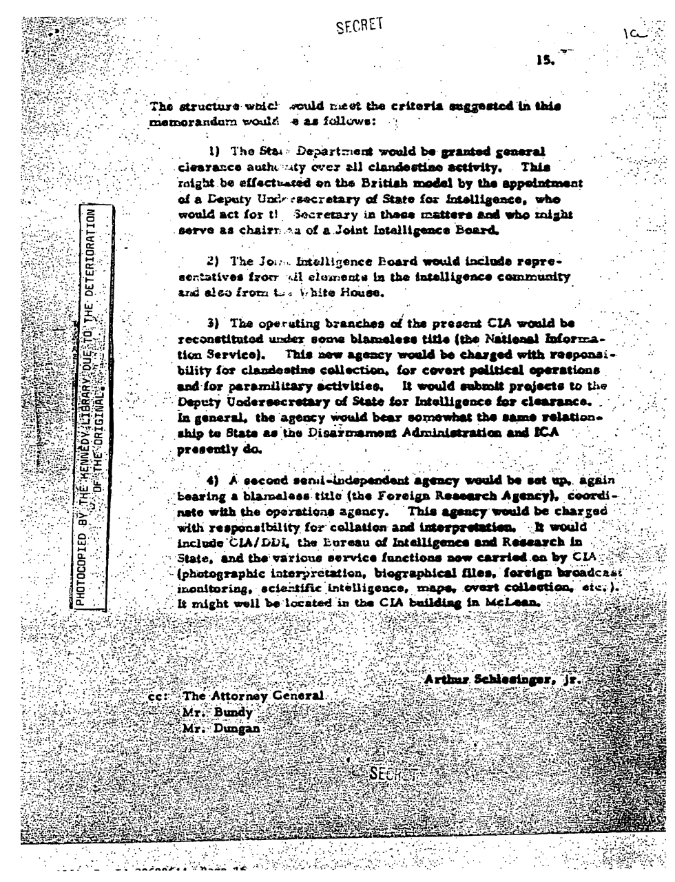Arthur Schlesinger Jr.’s reorganization memorandum, final page, dated June 30, 1961. RIF 176-10030-10422; this page is a proposal about CIA organization, not an assassination confession.