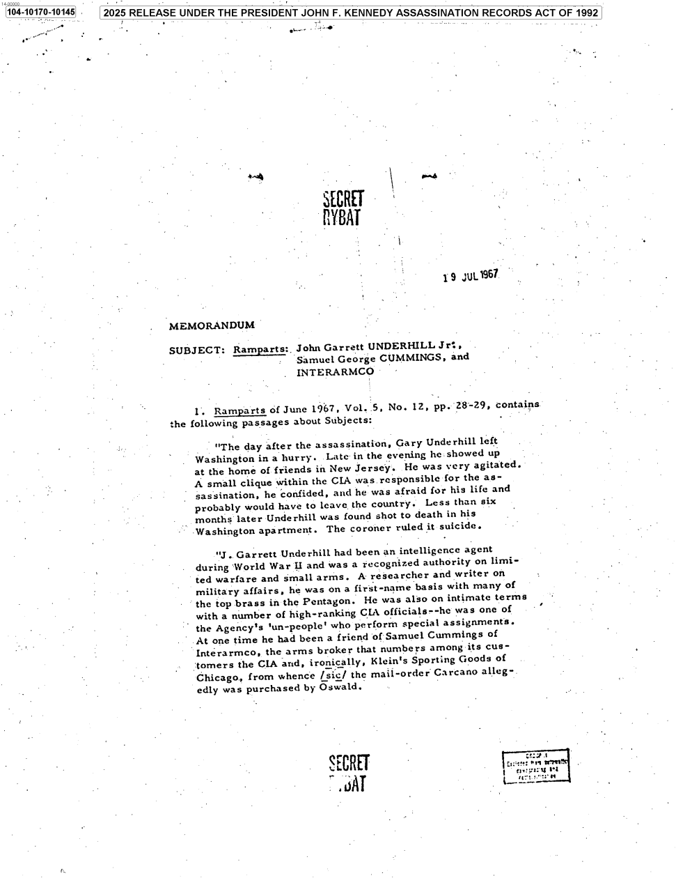 CIA record dated July 19,1967, RIF 104-10170-10145. It reproduces a magazine allegation about Gary Underhill; a claim stored in an intelligence file is not an agency finding that it is true.