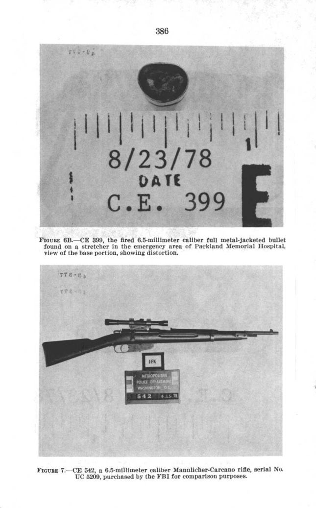 HSCA volume VII, printed page 386: CE 399’s distorted base (Figure 6B). The rifle pictured below is comparison weapon CE 542, not the assassination rifle CE 139.