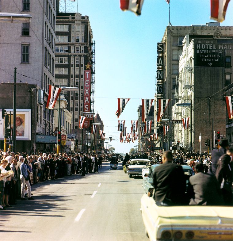 The motorcade on Main Street minutes before the shooting, 22 November 1963.