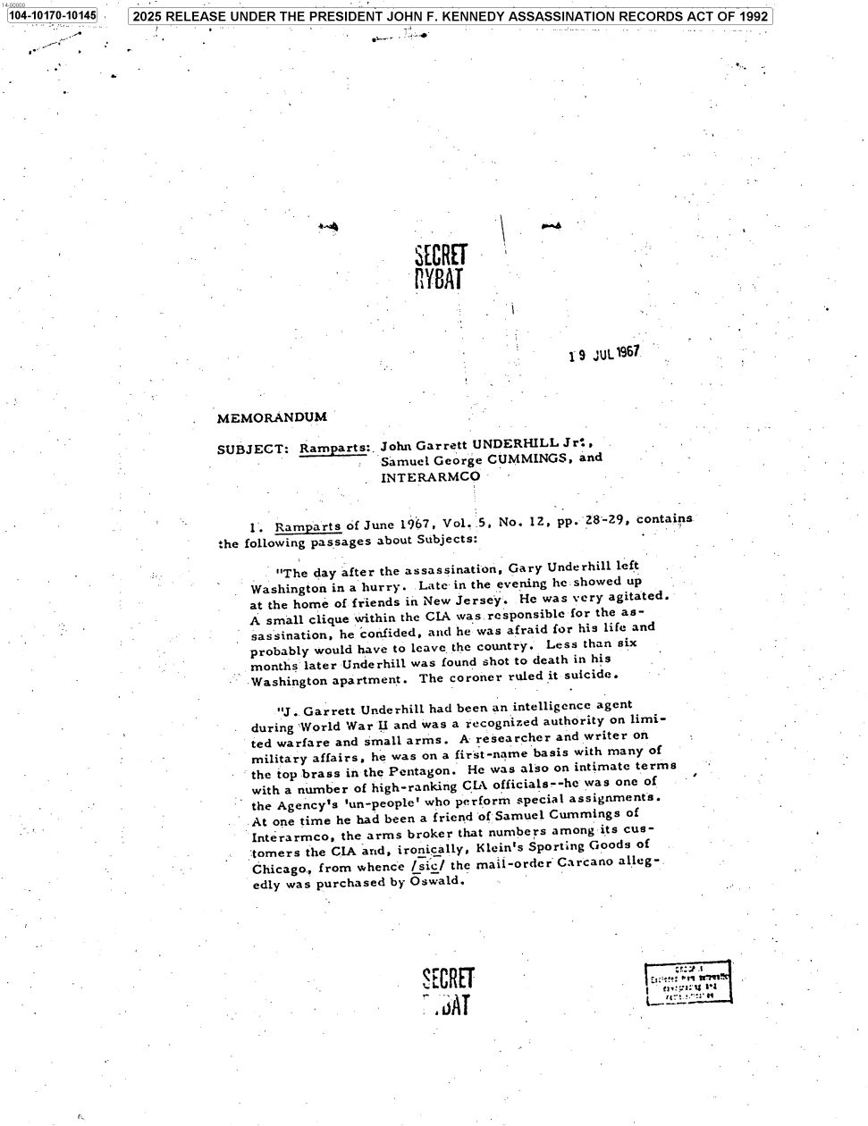 CIA record dated July 19, 1967, RIF 104-10170-10145. It reproduces a magazine allegation about Gary Underhill; a claim stored in an intelligence file is not an agency finding that it is true.