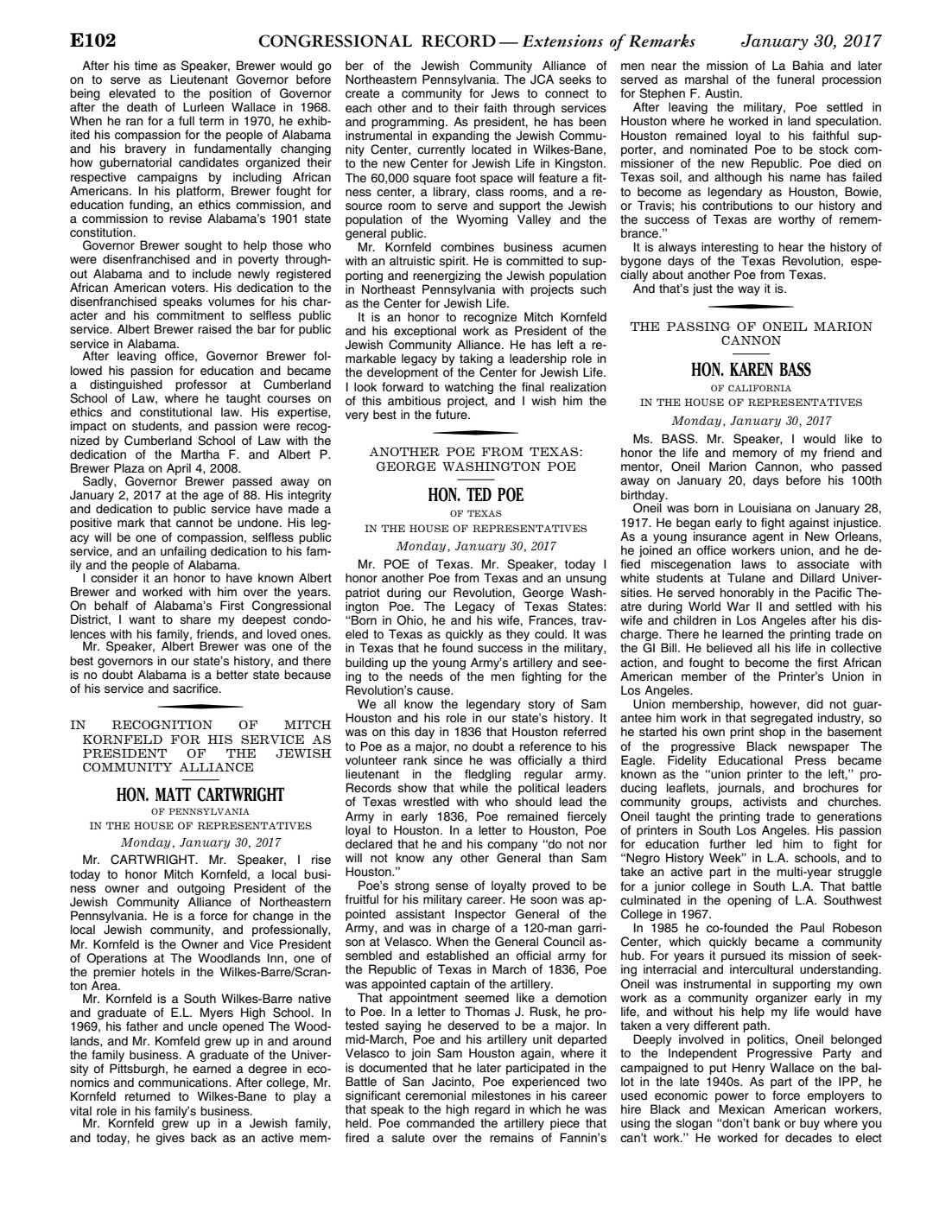 Congressional Record page E102, January 30, 2017, containing Bass’s tribute to Oneil Cannon; continuation appears on E103.