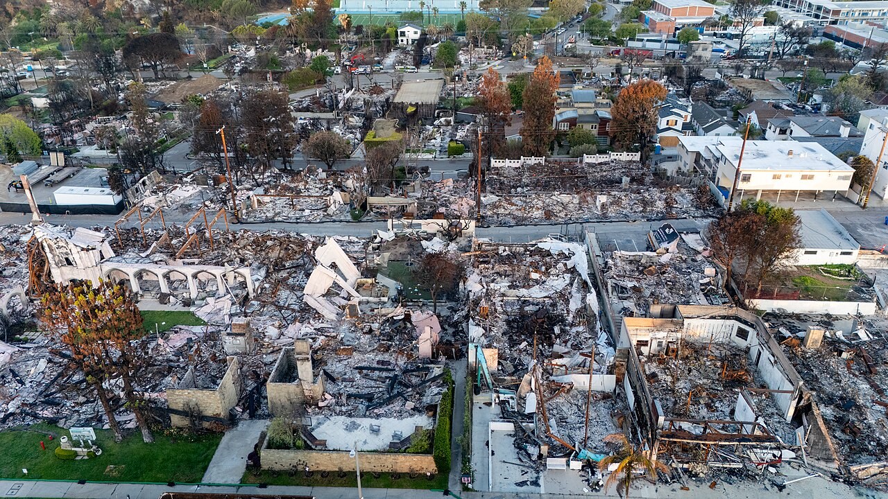 Pacific Palisades at sunrise on April 4, 2025, as photographed by the U.S. Army Corps of Engineers during recovery work. The image records aftermath, not the moment of ignition.