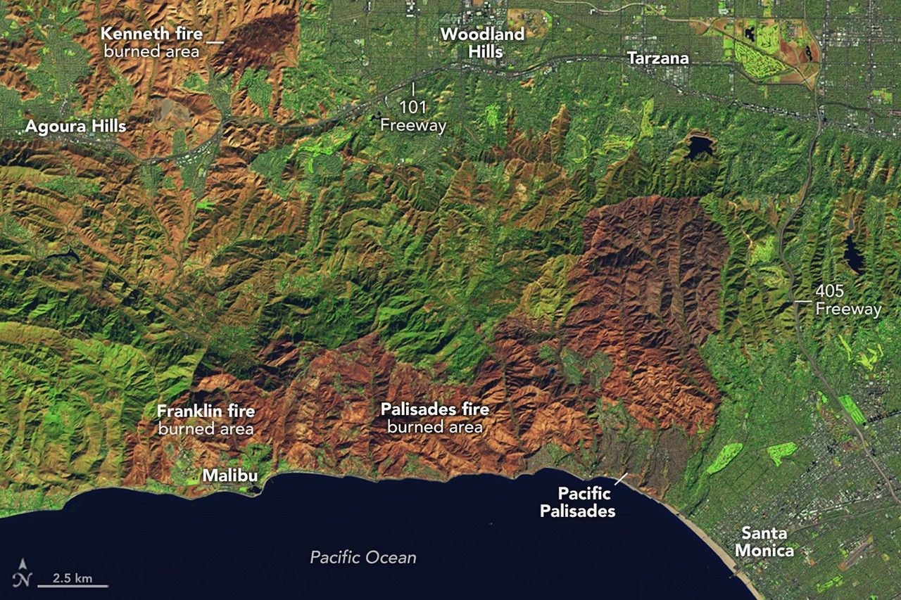NASA Landsat 9 imagery of the Palisades Fire burn scar on January 14, 2025. False-color imagery emphasizes fire effects; it is not a natural-color photograph.