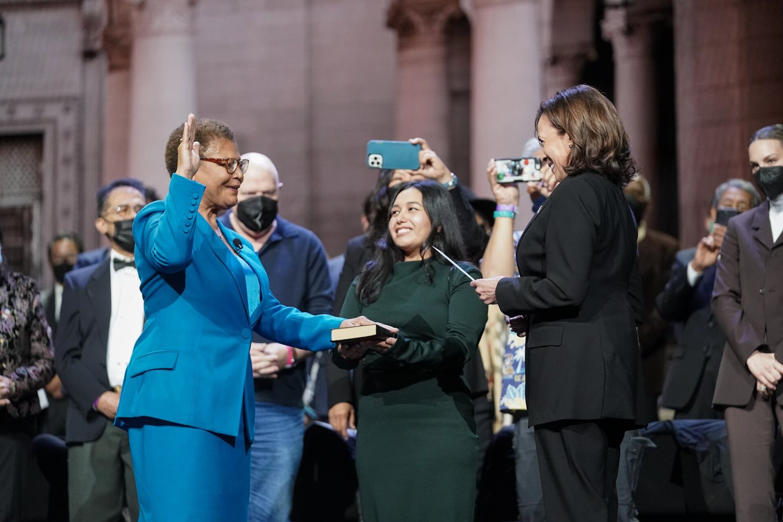 Vice President Kamala Harris swears in Karen Bass as mayor of Los Angeles, December 11, 2022.