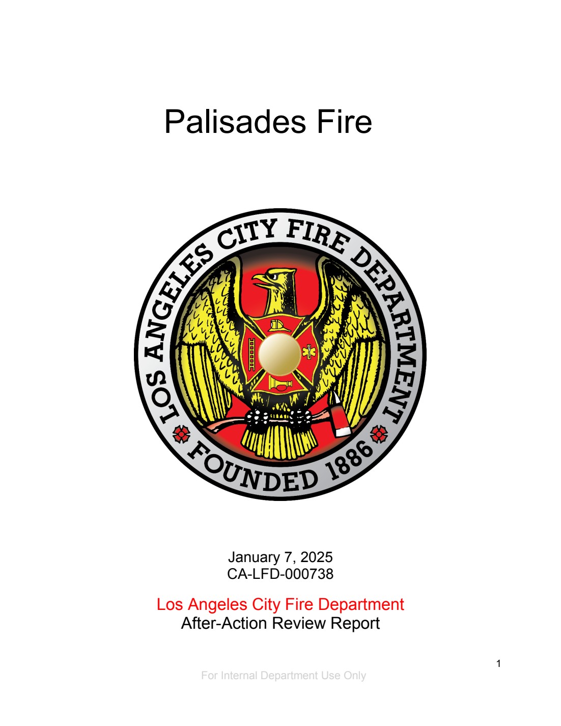 Title page of LAFD’s October 2025 Palisades Fire after-action report. The internal report and its editing are subjects of the guide.