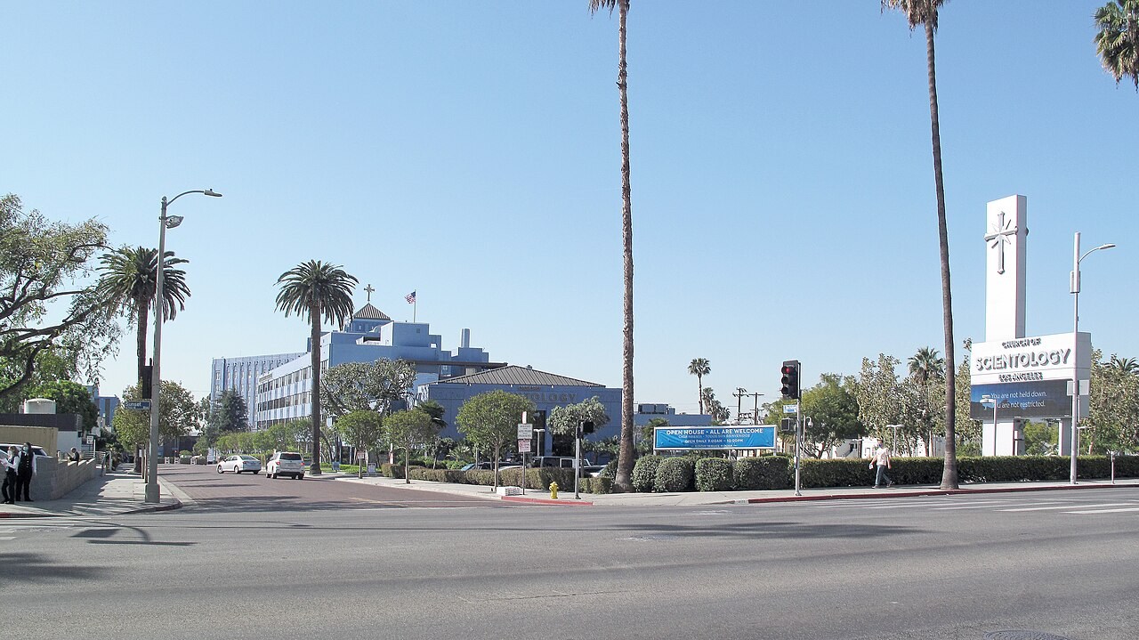 Church of Scientology building seen from Sunset Boulevard, Los Angeles, March 18, 2022. Illustrative exterior; it does not show Bass or establish membership.