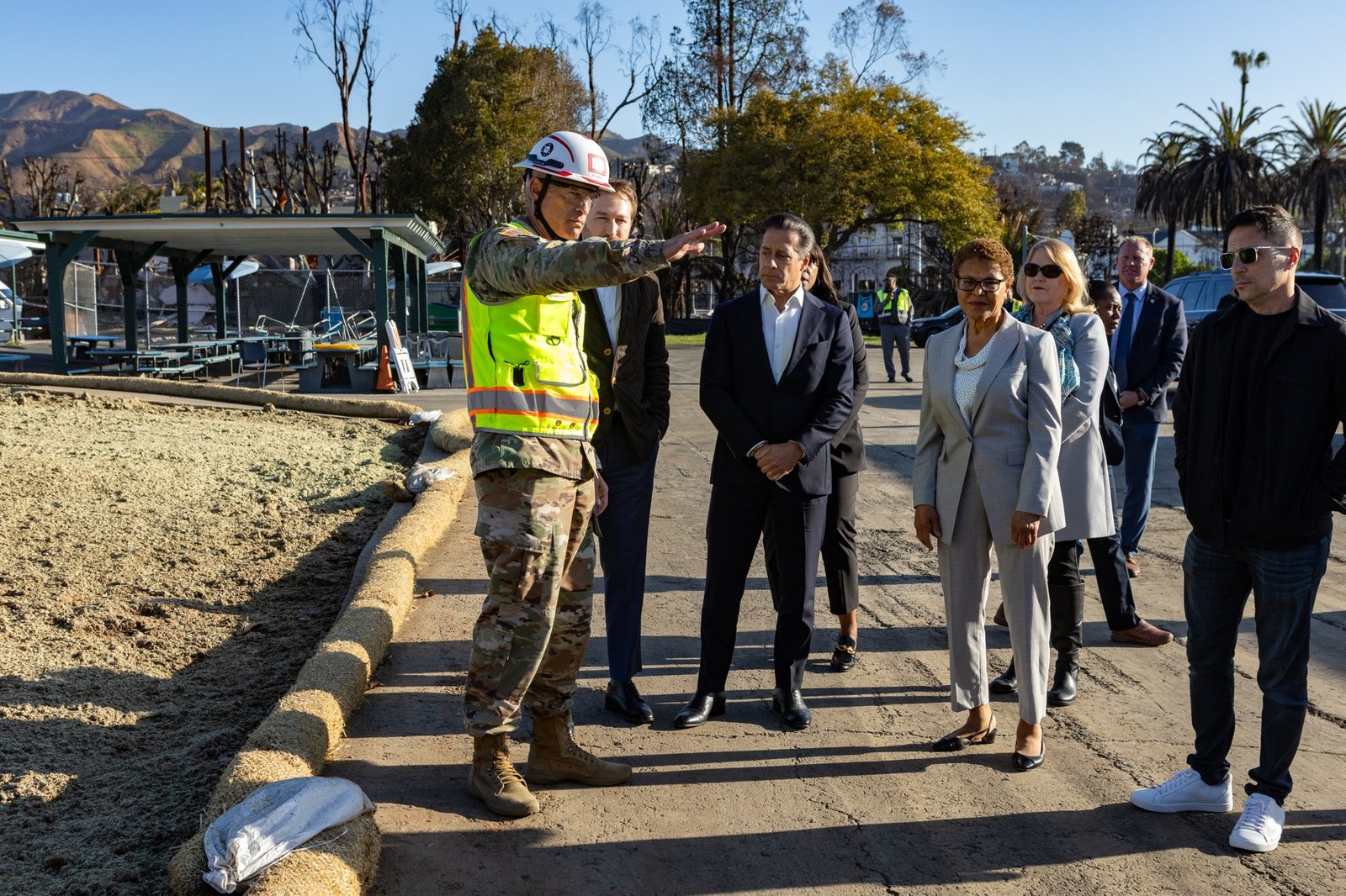 Bass and other officials visit Palisades Elementary Charter School with U.S. Army Corps of Engineers Col. Brian D. Sawser, April 4, 2025.