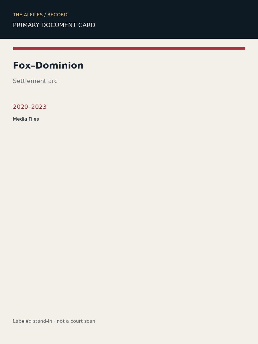 Fox–Dominion settlement arc — labeled record card for the guide cover.