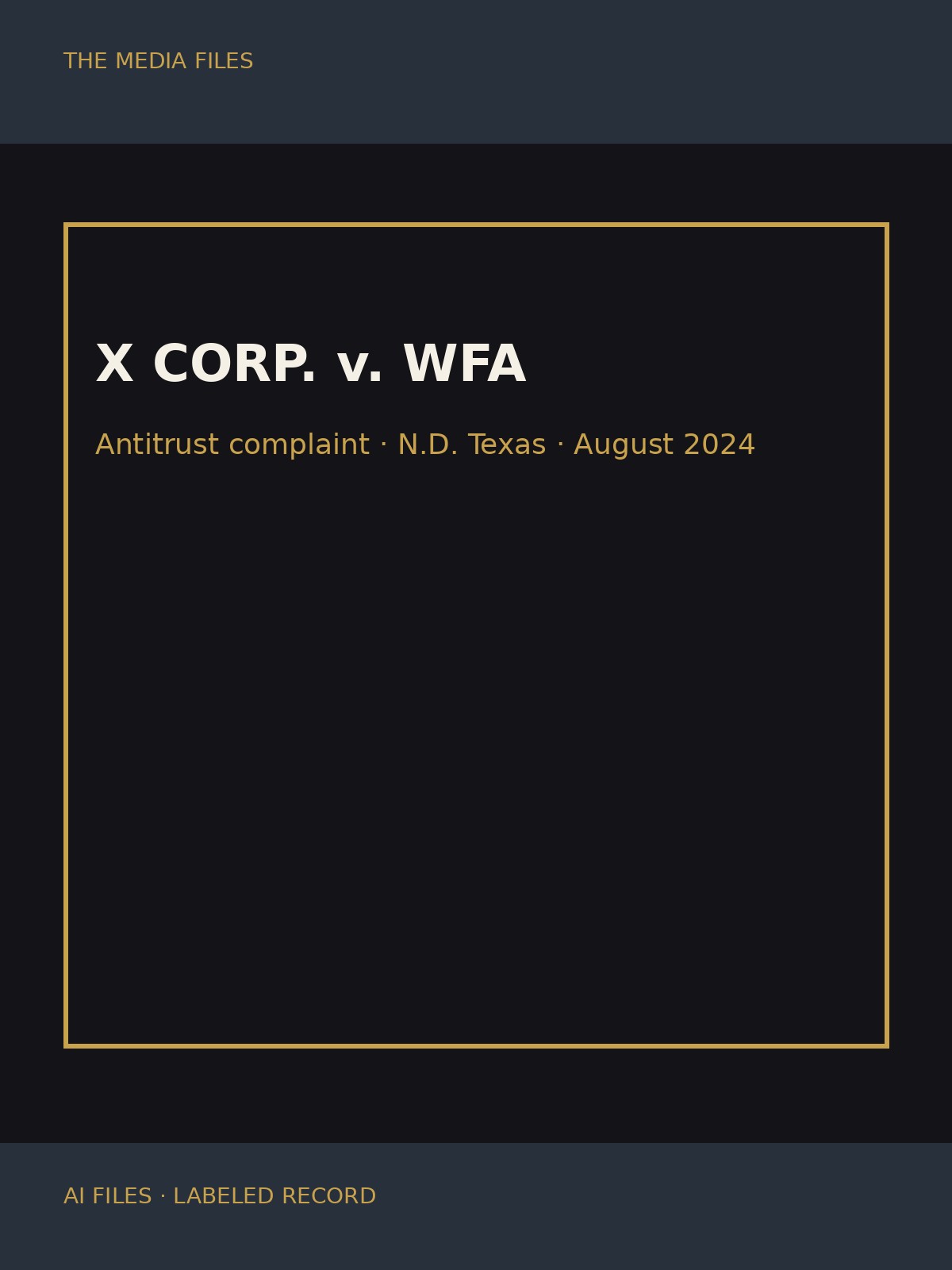 Labeled record card for the X Corp. antitrust complaint against WFA and advertisers.