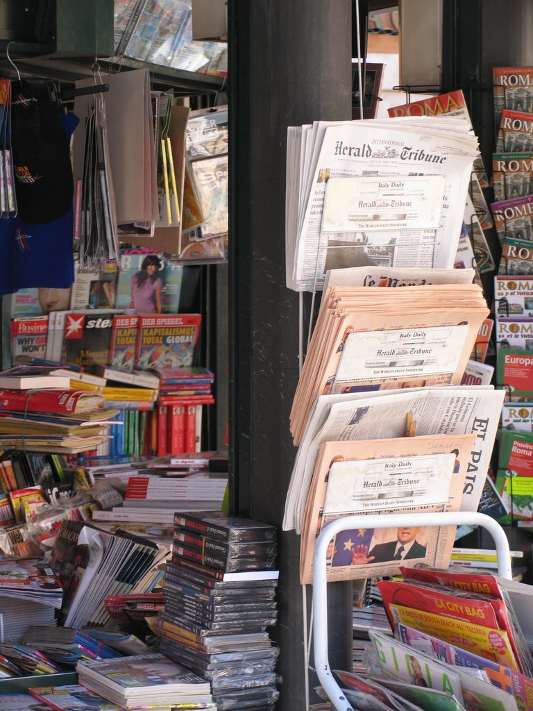 International newspapers on a newsstand, Rome, May 2005.