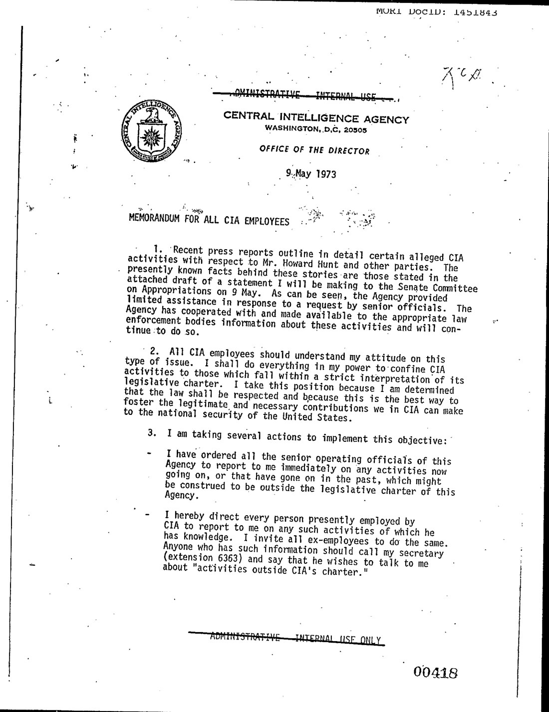 Schlesinger memorandum, 9 May 1973, page 1