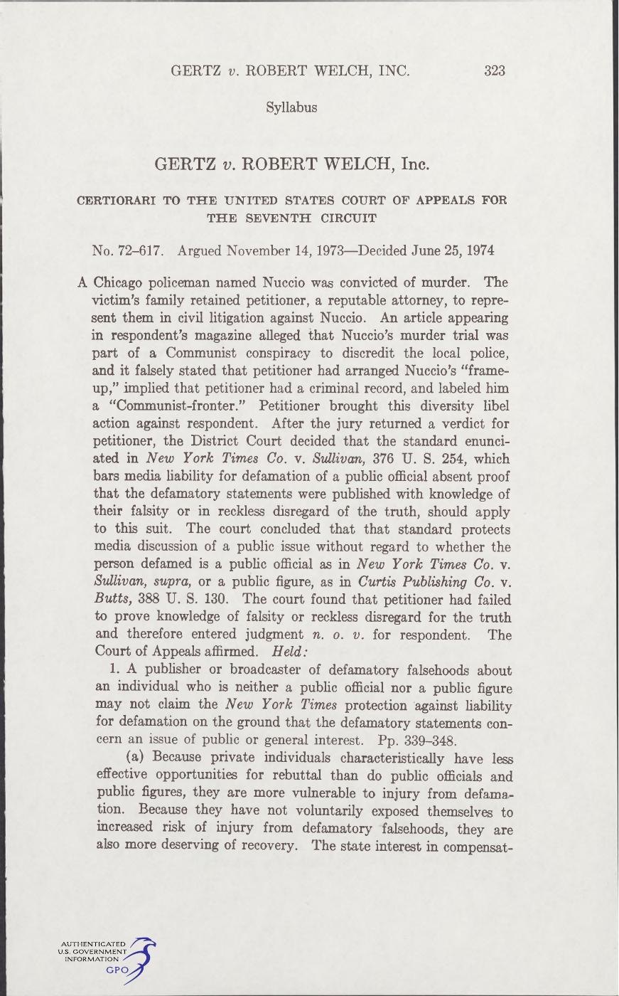 Gertz v. Robert Welch, Inc., 1974, official U.S. Reports syllabus, printed 323